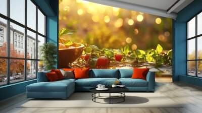 Fresh cherry tomatoes and basil leaves creating a rustic outdoor setting at sunset Wall mural