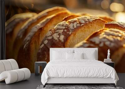 Freshly baked bread cooling in warm evening light Wall mural