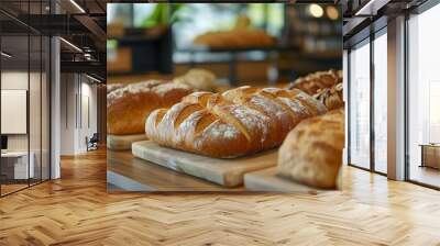 Freshly baked bread loaves cooling on wooden boards in bakery Wall mural