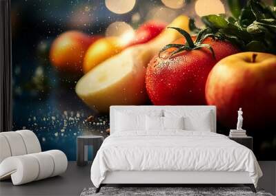 Freshly washed ripe apples and tomatoes on dark background Wall mural