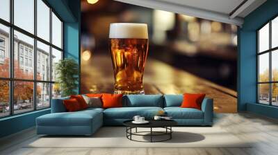 Glass of cold beer resting on a bar in a pub Wall mural