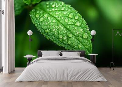 Green mint leaf covered with fresh dew drops Wall mural