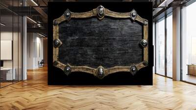 Old wooden medieval sign showing a black empty surface with metal decorations on black background Wall mural