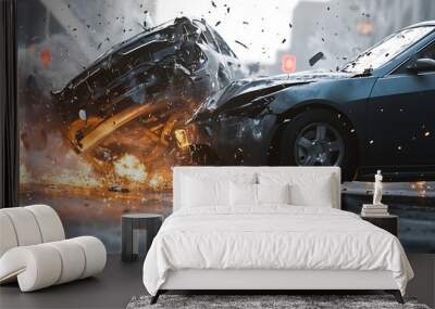 Two cars crashing in the city with smoke and fire Wall mural