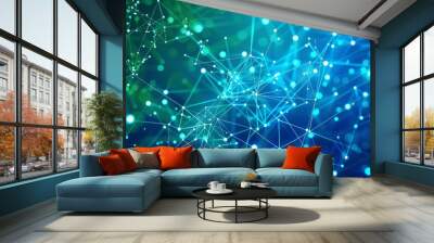 digital abstract background with blue and green glowing lines and nodes. The pattern is intricate and modern, representing a network or digital connections Wall mural