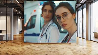 Two confident female doctors stand before an ambulance, embodying competence and readiness for action. Wall mural