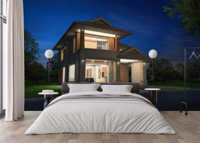 3d rendering, Exclusive two floor tropical modern house in night Wall mural