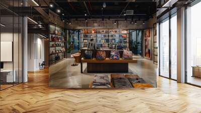 A vibrant store interior with neatly arranged shelves, showcasing various products. Shoppers browse items, filling their carts with essentials from well-organized storage spaces. Wall mural