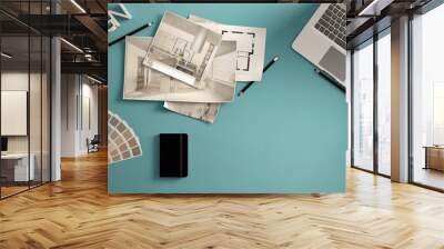 Architect designer concept, blue work desk with computer, paper draft, kitchen project images and blueprint. Sample color material palette, creative background idea with copy space Wall mural