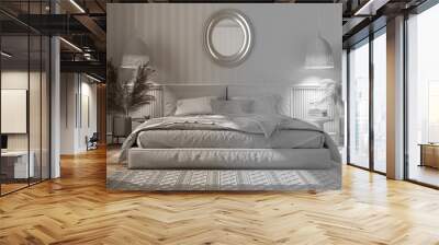 Architect interior designer concept: hand-drawn draft unfinished project that becomes real, elegant bedroom with modern minimalist furniture, classic interior design idea Wall mural