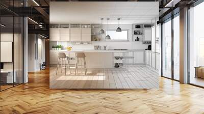 Architect interior designer concept: unfinished project that becomes real, kitchen with wooden details and parquet floor, minimalistic design idea, island with stools Wall mural