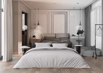 Architect interior designer concept: unfinished project that becomes real, minimal classic bedroom with walk-in closet, bed with duvet, side tables and carpet, luxury interior idea Wall mural