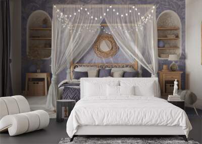 Bohemian bedroom with canopy bed in white and purple tones. Parquet, natural wallpaper and ethnic carpets. Rattan and wooden furniture. Boho style interior design Wall mural