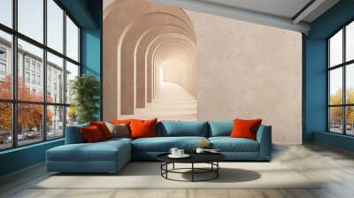 Classic metaphysics surreal interior design, imaginary fictional architecture. Archway with beige marble walls. Move forward, opportunities, future concept with copy space Wall mural