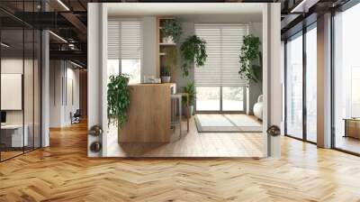 Classic white glass door opening on wooden kitchen and living room with sofa and many houseplants. Welcome home concept, urban jungle interior design idea Wall mural