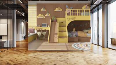 Cozy wooden children bedroom with bunk bed in yellow and pastel tones, parquet floor, big window with venetian blinds, sofa, desk with chair, carpet, toys and decors. Interior design Wall mural