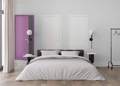 Empty room interior design with two white closed doors and one open purple door with frame, wooden white floor. Choice, decision, selection, option concept idea with copy space Wall mural