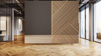 Empty room with wooden panel, parquet floor. Gray wall background with copy space. Minimalist zen interior design concept idea, modern architecture template Wall mural