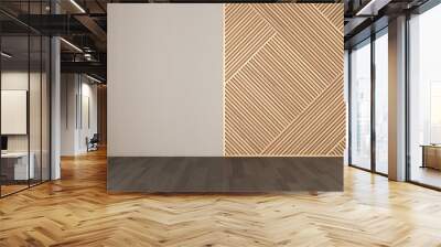 Empty room with wooden panel, parquet floor. White wall background with copy space. Minimalist zen interior design concept idea, modern architecture template Wall mural