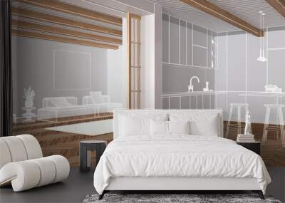 Empty white interior with parquet floor and beams ceiling, custom architecture design project, white ink sketch, blueprint showing minimal kitchen and living room Wall mural