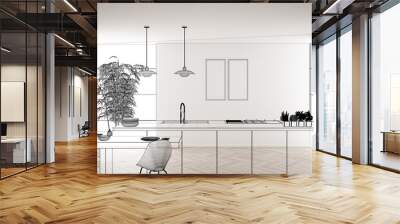 Empty white interior with white ceramic tiles floor, custom architecture design project, black ink sketch, blueprint showing modern kitchen, concept, mock-up, architect idea Wall mural