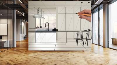 Empty white interior with white marble ceramic tiles, hand drawing custom architecture design, black ink sketch, blueprint showing modern minimalist kitchen, concept, mock-up, idea Wall mural