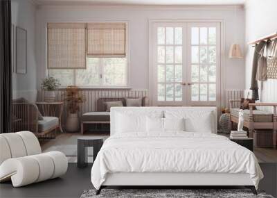 Farmhouse hallway and living room in white and beige tones with frame mockup. Bleached wooden bench, coat rack and sofa. Glass entrance door, vintage interior design Wall mural