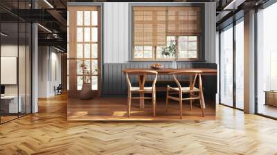 Farmhouse hallway with dining room in white and gray tones. Wooden table with bench and chairs. Vintage interior design Wall mural