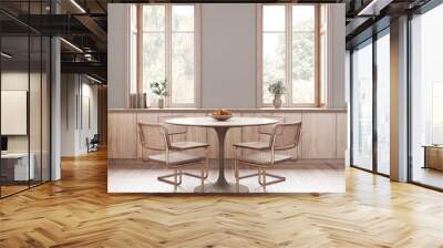 Farmhouse wooden kitchen with dining room in white and bleached tones. Cabinets and table with chair. Wallpaper and parquet floor. Suburban interior design Wall mural