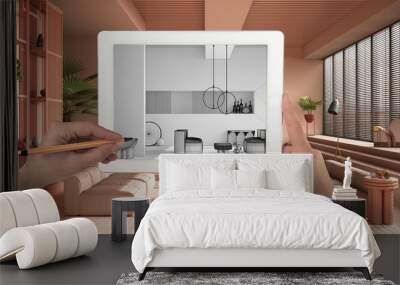 Hands holding and drawing on tablet showing colored contemporary living room CAD sketch. Real finished interior in the background, architecture design presentation Wall mural