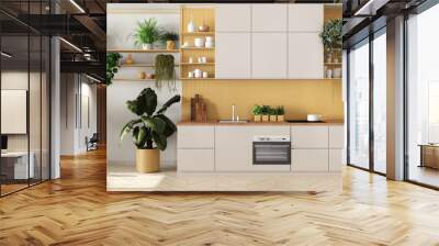 Indoor home garden concept idea. Minimal kitchen interior design in white and yellow tones. Parquet, sofa and many house plants. Urban jungle background Wall mural