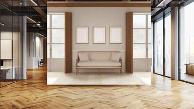 Living room background, sitting waiting room in white tones. Frame mockup. Two panoramic windows with wooden shutters and beam ceiling, vintage sofa. Parquet, interior design Wall mural