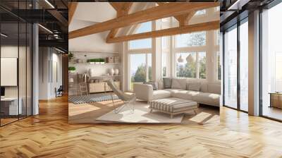 living room of luxury eco house, parquet floor and wooden roof trusses, panoramic window on summer s Wall mural