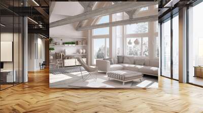 living room of luxury eco house, parquet floor and wooden roof trusses, panoramic window on winter m Wall mural