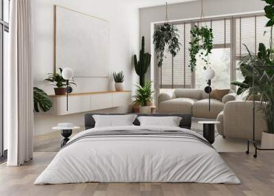 Love for plants concept. Minimal modern living room interior design in white tones. Parquet, sofa and many house plants. Urban jungle idea Wall mural