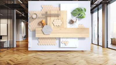 Minimal white background, copy space, marble slab, wooden planks, cutting board, mosaic tiles, plant leaf, cappuccino, cookies, cinnamon. Kitchen interior design concept, mood board Wall mural