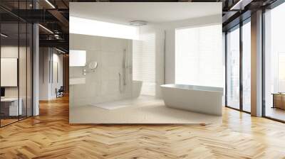 Minimalist bathroom with bathtub and shower, parquet floor and marble tiles, classic white interior design Wall mural