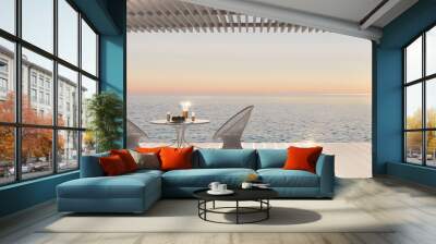 Minimalist modern terrace with relax area, armchairs and table for breakfast, panoramic sea ocean, sunset sunrise Wall mural