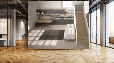 Minimalist modern white, gray and wooden kitchen in contemporary open space with clean staircase, living room with sofa and carpet, interior design architecture concept idea, top view Wall mural