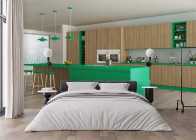 Minimalistic kitchen with wooden and green details, scandinavian Wall mural