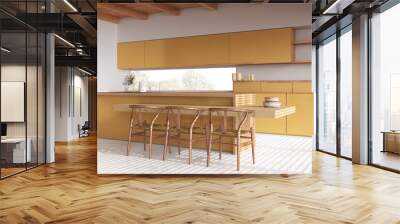 Modern wooden kitchen in white and yellow tones. Island with cabinets, chairs and resin floor. Beams ceiling, japandi minimal interior design Wall mural