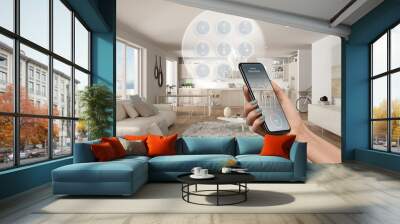 Smart home technology interface on phone app, augmented reality, internet of things, interior design of modern kitchen with connected objects, woman hand holding remote control device Wall mural