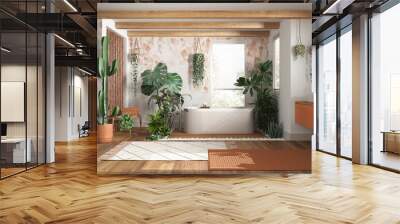 urban jungle interior design, wooden bathroom in white and orange tones with many houseplants. frees Wall mural