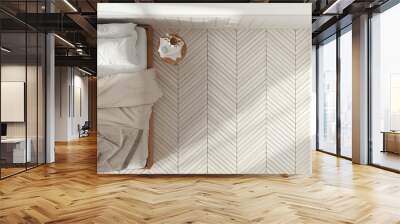 Wooden romantic bedroom in white tones. Mater bed with blankets and side table. Herringbone parquet floor with copy space. Top view, plan, above. Interior design Wall mural