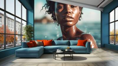 A young woman from a small caribbean nation enjoying time at the beach in the ocean. Generative AI. Wall mural