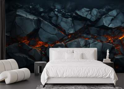 Abstract topographic pattern in charcoal and black . Ancient rock and sand formations with glowing lava fissures. Graphic resource background and wallpaper. Wall mural