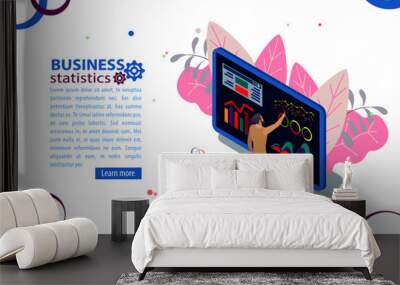 Seo optimization with Pay per click Website concept. People characters, team work on web images.  Flat isometric infographics or banner. Illustration with text place Wall mural