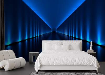 3d rendering of a dark tunnel with blue lights and reflection Wall mural