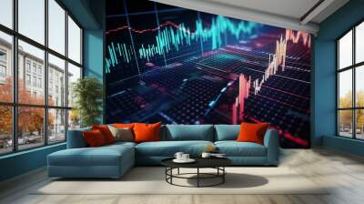 digital financial market graph concept, blue matrix environment ,red color line bar graph chart, generative ai Wall mural