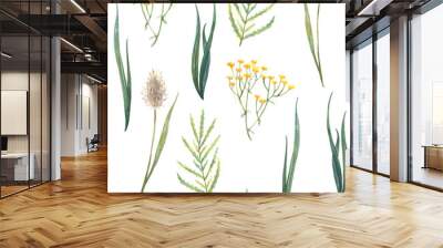 Seamless watercolor pattern of wild herbs and flowers Wall mural